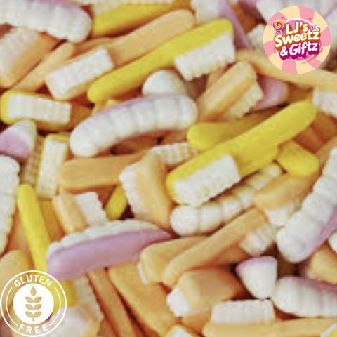 Assorted colorful candy sticks with 'LJ's Sweetz & Gifz' branding and gluten-free label.