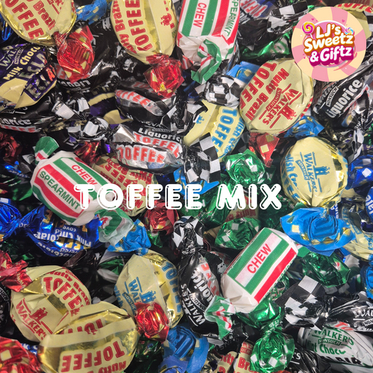 Assorted toffee candies with colorful wrappers and visible brand names.