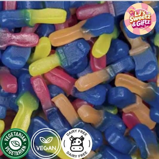 Colorful candy shaped like brushes with 'LJ's Sweetz & Gifz' branding and dietary labels.