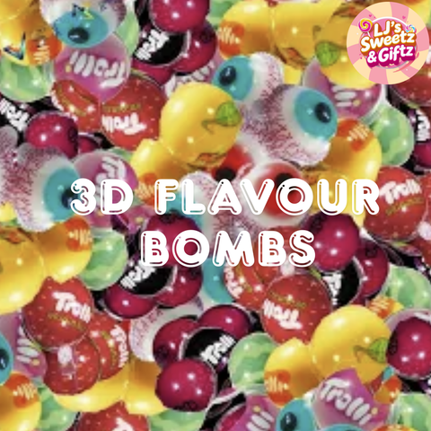 Colorful 3D flavour bombs with 'LJ's Sweetz & Giftz' branding.