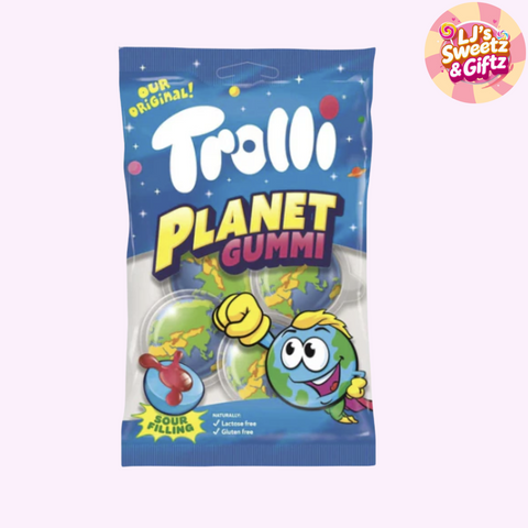 Trolli Planet Gummi candy package with cartoon characters on a blue background