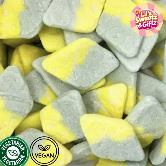 Yellow and gray candy corn with 'LJ's Sweetz & Giftz' logo and vegan certification label.