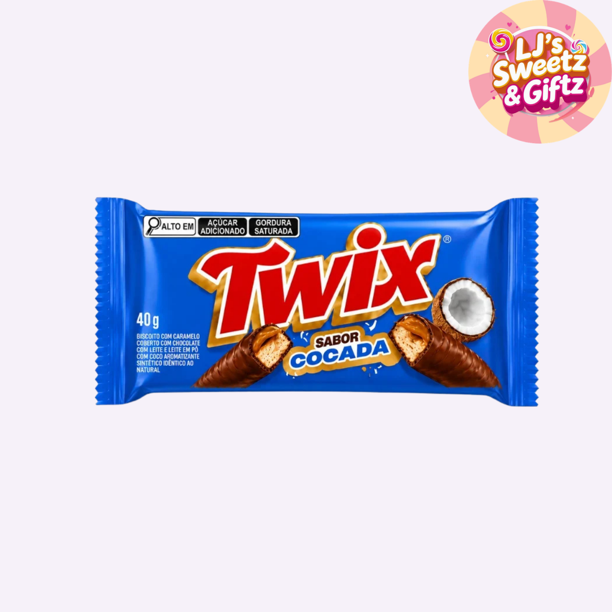 A 40g package of Twix Sabor Cocada (Twix with coconut) on a light gray background, featuring the classic blue wrapper with the red and yellow Twix logo.