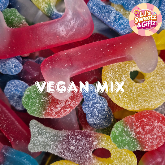 Colorful vegan gummy candy mix with 'LJ's Sweetz & Giftz' branding.
