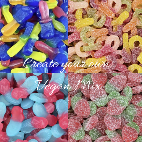 Collage of colorful vegan gummy candies with text 'Create your own Vegan Mix'.