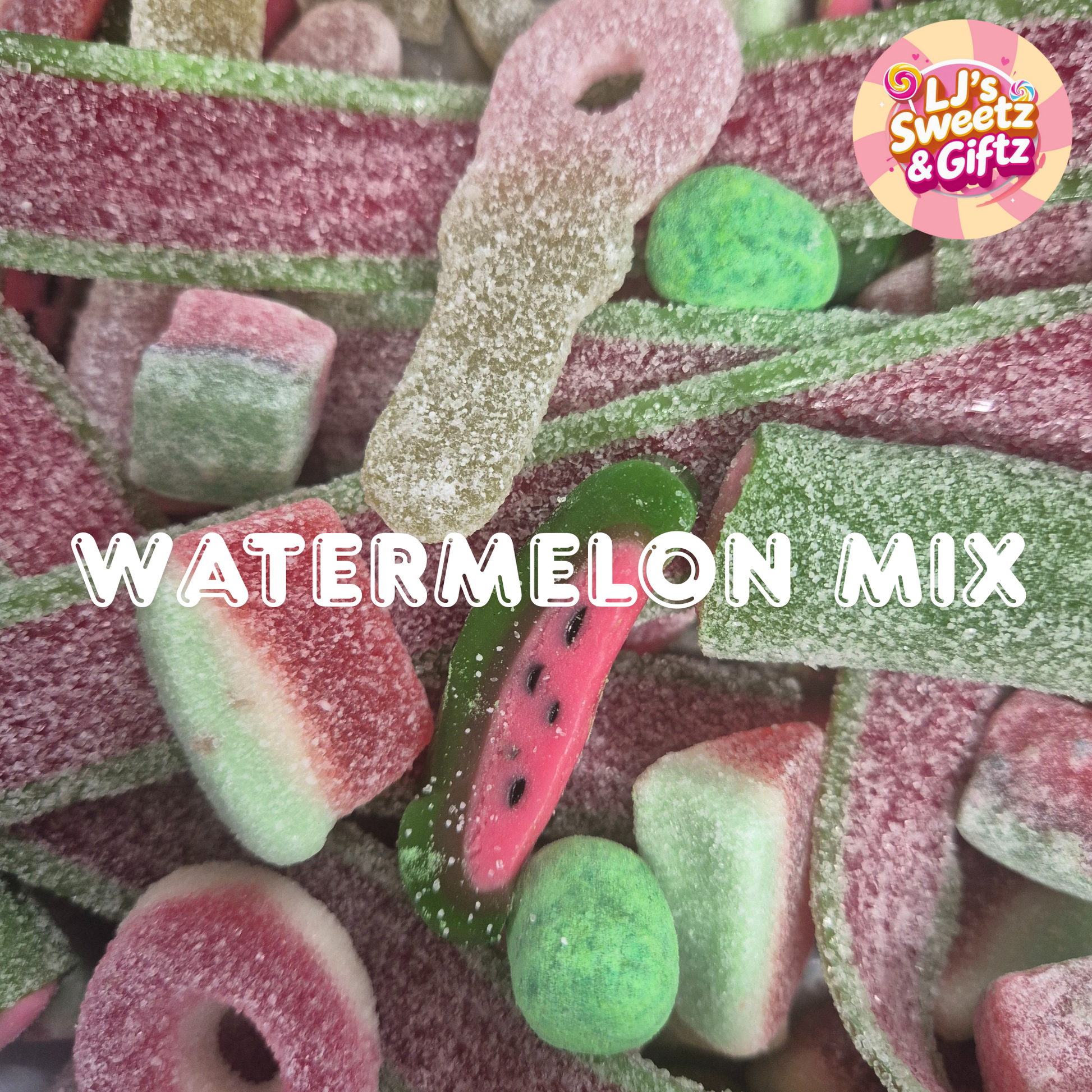 Colorful watermelon-flavored gummy candies with 'LJ's Sweetz & Giftz' branding.