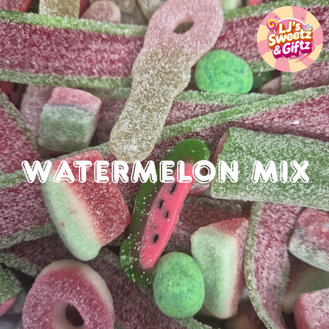 Colorful watermelon-flavored gummy candies with 'LJ's Sweetz & Giftz' branding.