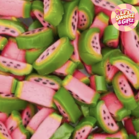 Colorful candy shaped like watermelon slices with 'LJ's Sweetz & Giftz' logo.