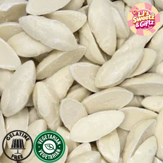 Close-up of white chocolate mice with 'LJ's Sweet & Gifz' logo and certification icons.