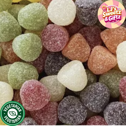 Assorted colorful gummy candies with a brand logo in the corner.