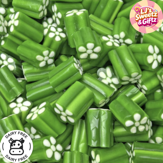 Green candy sticks with white flower designs on a white background, featuring LJ's Sweetz & Giftz branding.
