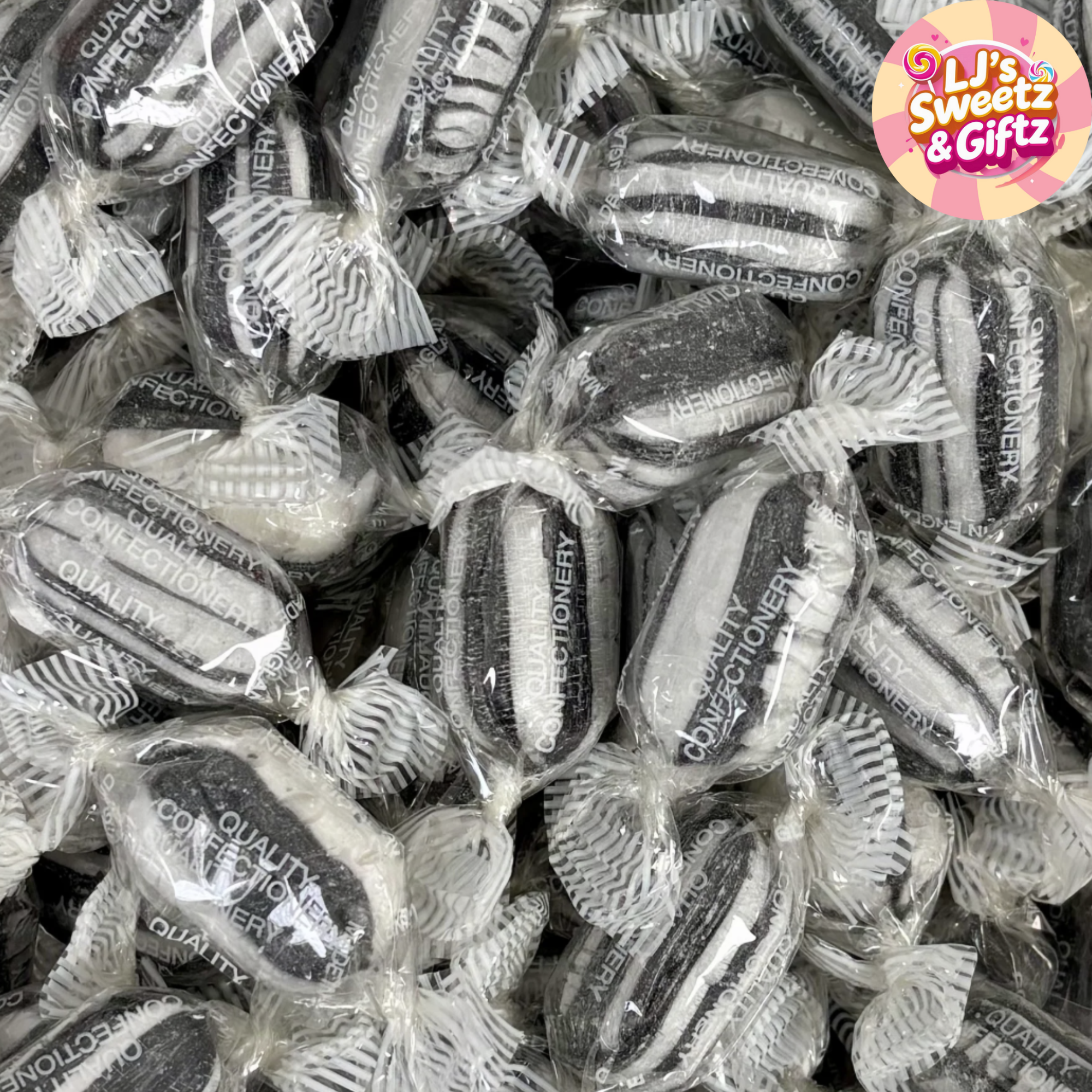 Assorted wrapped candies with a visible brand logo in the corner.