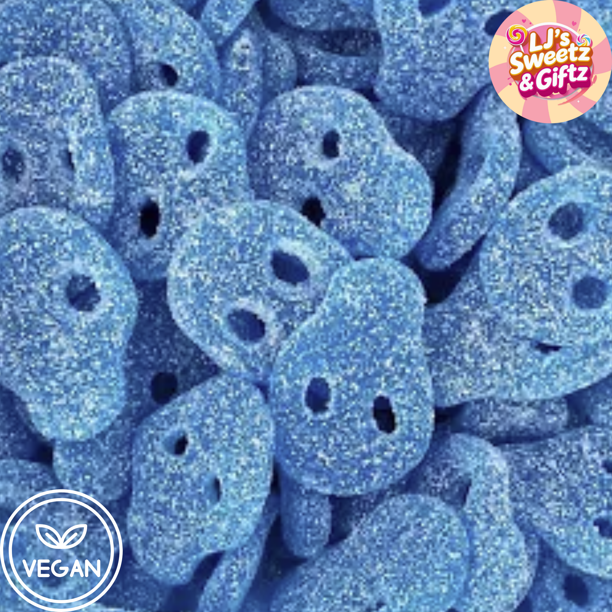 Blue gummy snakes with a brand logo in the corner
