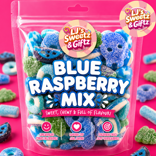 A clear stand-up pouch of LJ's Sweets & Giftz Blue Raspberry Mix candy on a bright pink background, with loose blue and green gummy candies scattered around it.
