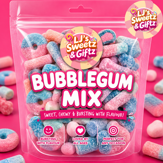 A clear stand-up pouch of LJ's Sweetz & Giftz Bubblegum Mix candy on a bright pink background, with loose bubblegum pieces scattered around and inside the bag. The packaging features large white and pink text and colorful candy pieces visible through the transparent pouch.