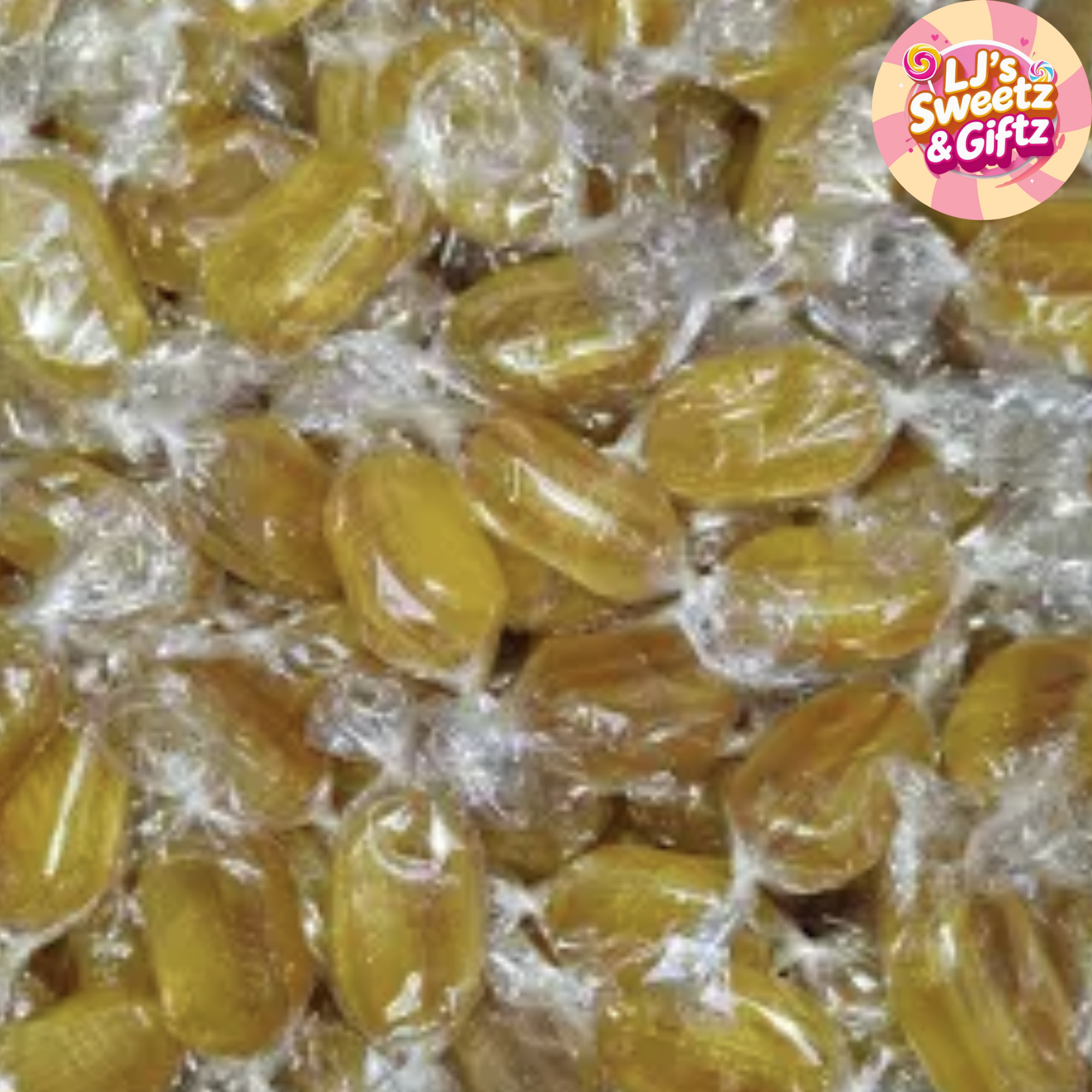 Close-up of yellow candies with a brand logo in the corner.