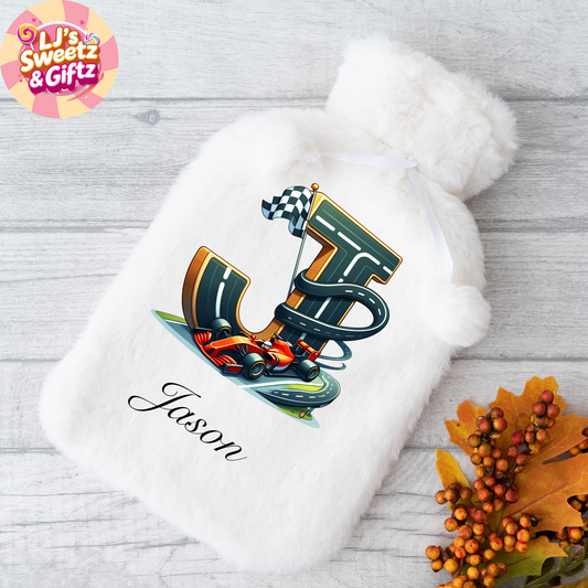 White hot water bottle with colourful letter 'T' design and 'Jason' text, branded 'LJ's Sweetz & Giftz'.