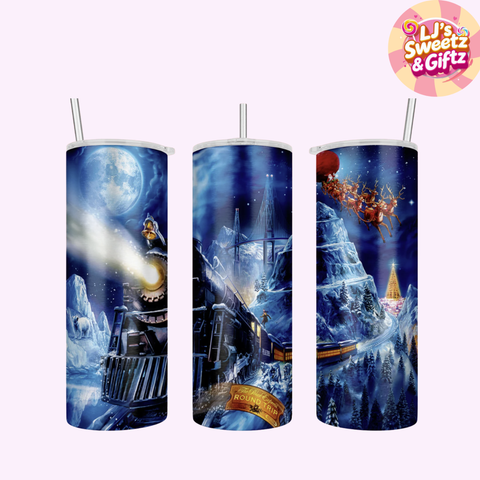 Three insulated tumblers with winter-themed designs featuring a train and Santa Claus, branded 'LJ's Sweetz & Giftz'.