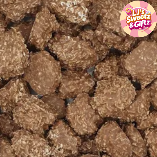 A close-up of assorted chocolate-covered coconut-coated candies or chocolates filling the frame, with a circular 'LJ's Sweetz & Giftz' logo in the top-right corner.