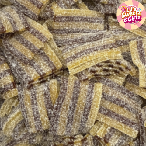 Close-up of striped cookies with a brand logo in the corner.