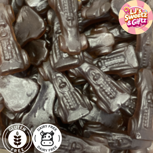 Close-up cola ferraris with 'Li's Sweetz & Giftz' branding and gluten-free and dairy-free labels.