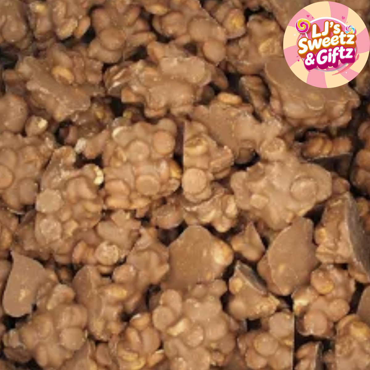 A close-up of milk chocolate candy-coated popcorn clusters with visible nuts, filling the frame. A circular logo in the top right reads 'LJ's Sweetz & Giftz'.