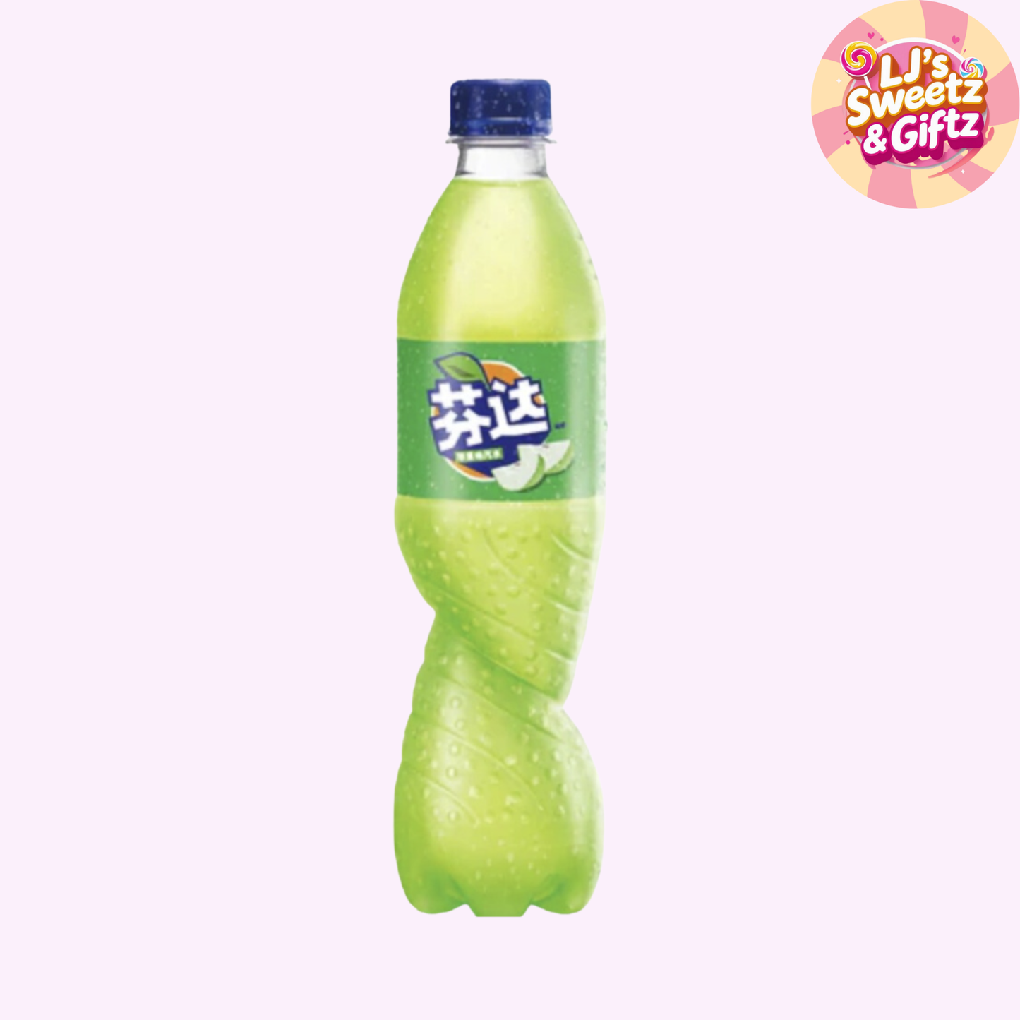 Green bottle with blue cap on a white background, featuring a brand logo.