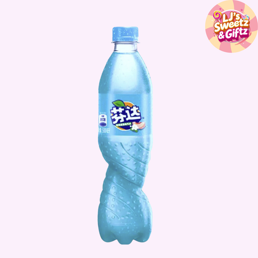 Blue bottle with a colorful logo on a white background