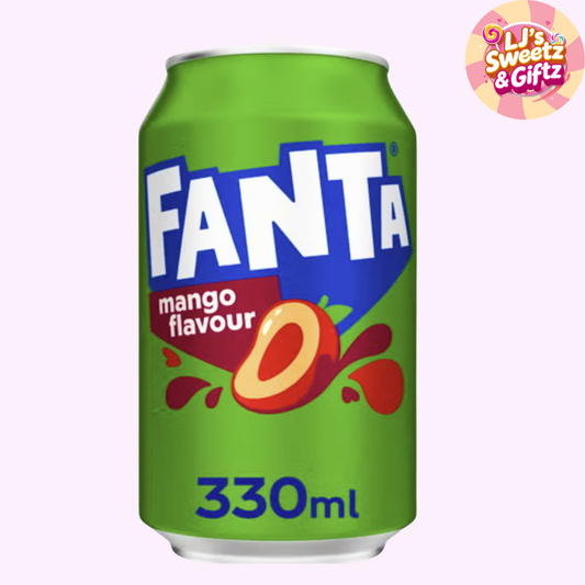 Green can of Fanta mango flavor with branding on a white background