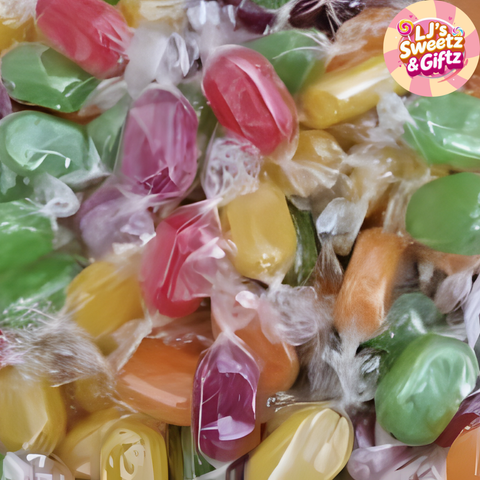 Assorted wrapped candies in various colors with a brand logo in the corner.