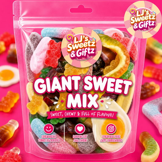 A stand-up resealable pouch of LJ's Sweetz & Giftz Giant Sweet Mix gummy candy on a bright pink background with scattered gummy candies around it. The package shows a colorful assortment of large gummies and includes prominent product branding and flavor callouts.