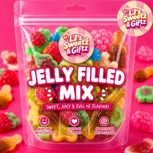 A clear stand-up pouch of Li's Sweetz & Giftz Jelly Filled Mix gummy candy on a bright pink background, with loose multicolored jelly candies scattered around and in the corners.
