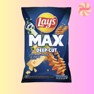 Lay's Max Deep-Cut Extreme Cheese & Onion chips packaging on a gradient background