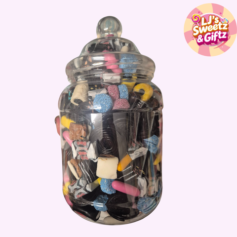 Clear jar filled with assorted gummy candies on a white background with 'LJ's Sweetz & Giftz' logo.
