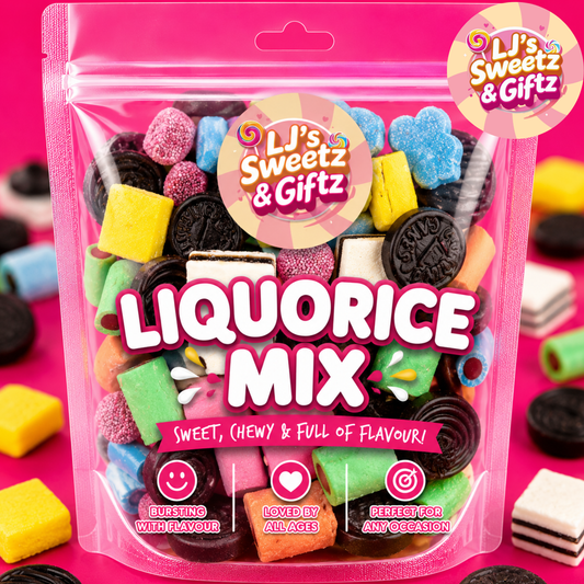 A clear stand-up pouch of LJ's Sweetz & Giftz Liquorice Mix candy on a bright pink background, with colorful gummy candies, Oreo-style cookies, and sweets visible through the packaging.