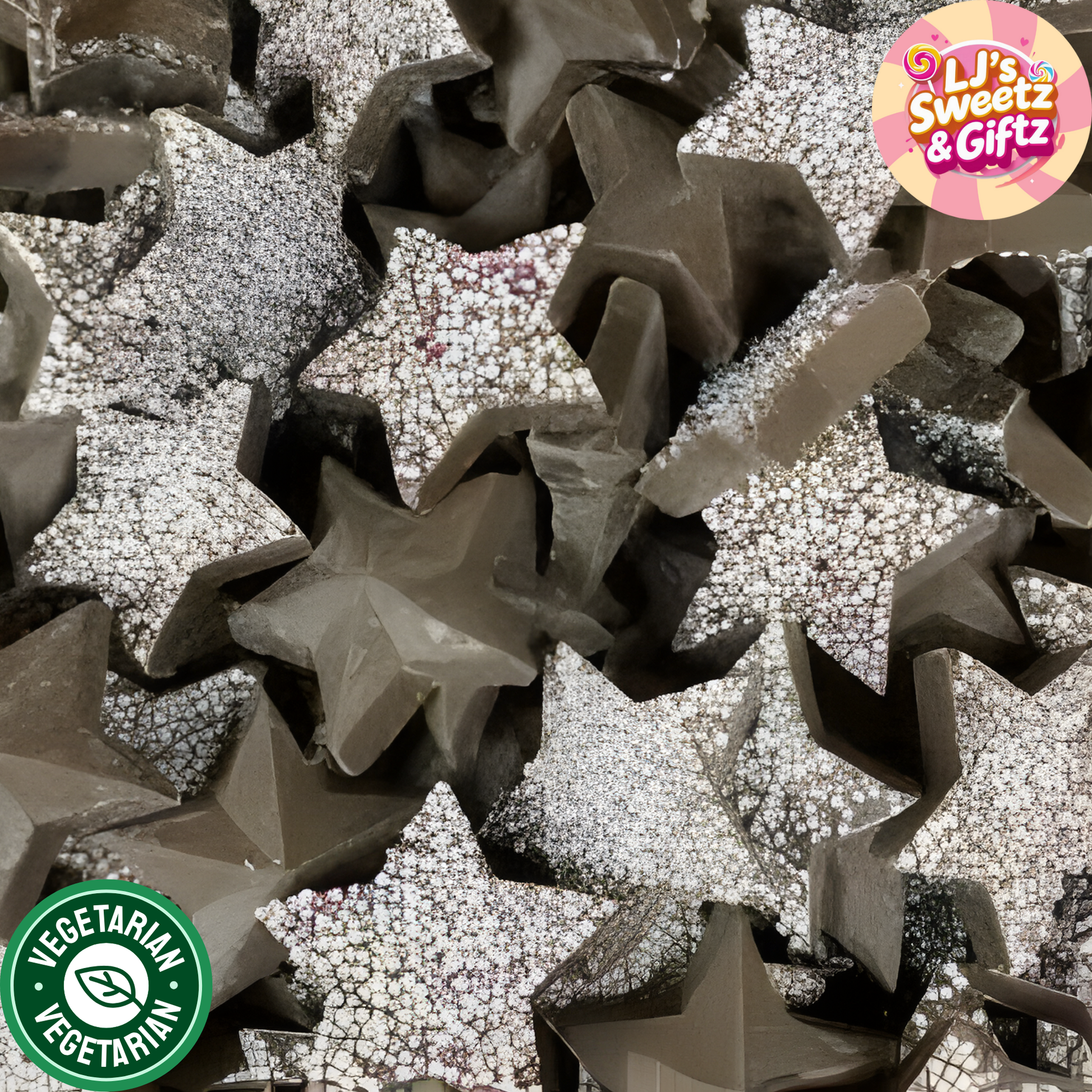 Star-shaped decorations with rhinestones on a black background, featuring a brand logo in the corner.