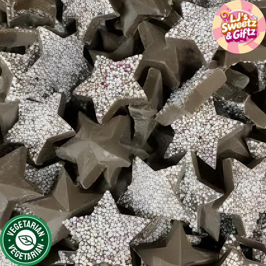 Star-shaped decorations with rhinestones on a black background, featuring a brand logo in the corner.