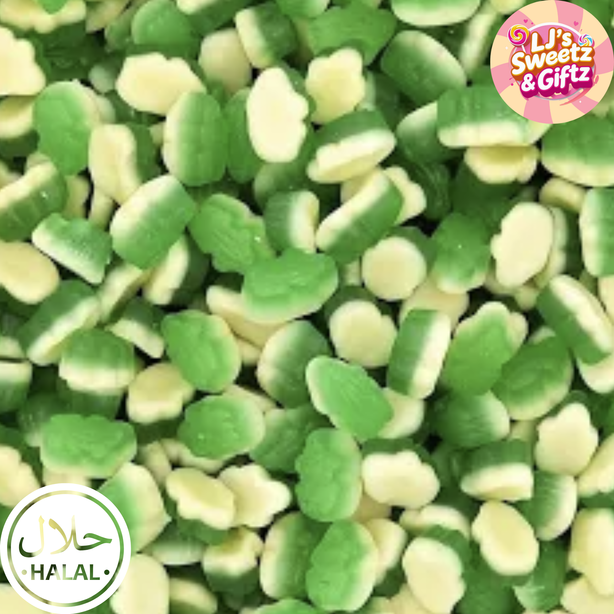 Green and white candy pieces with 'LJ's Sweetz & Giftz' logo.