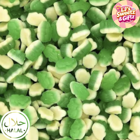 Green and white candy pieces with 'LJ's Sweetz & Giftz' logo.