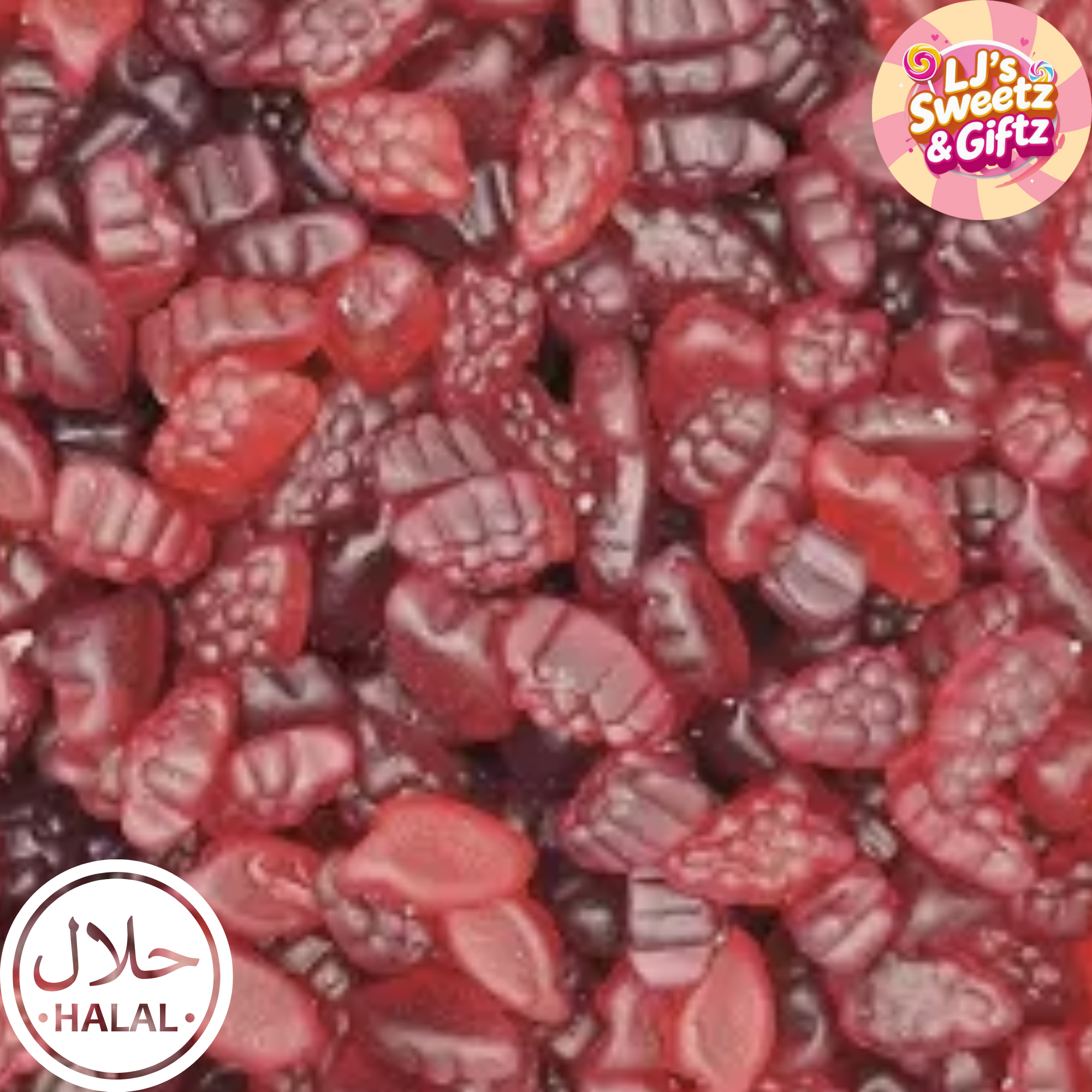 Close-up of red and brown gummy bears with 'LJ's Sweetz & Giftz' logo.
