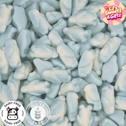 Blue and white candy pieces with LJ's Sweetz & Giftz logo and dietary free icons.