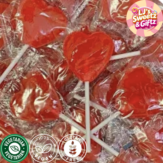 Red heart-shaped lollipops on sticks with 'LJ's Sweetz & Giftz' branding and certification logos.