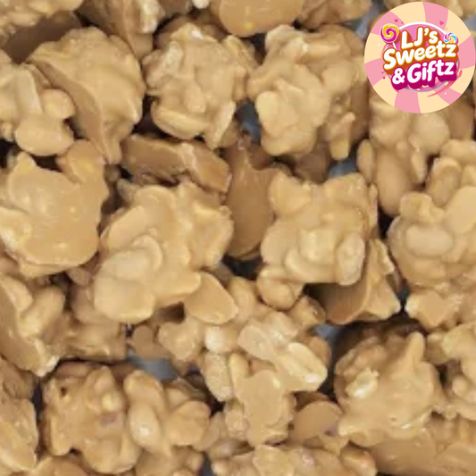A close-up of caramel-coated peanuts or candy peanuts filling the frame, with a round 'LJ's Sweetz & Giftz' logo badge in the top-right corner.