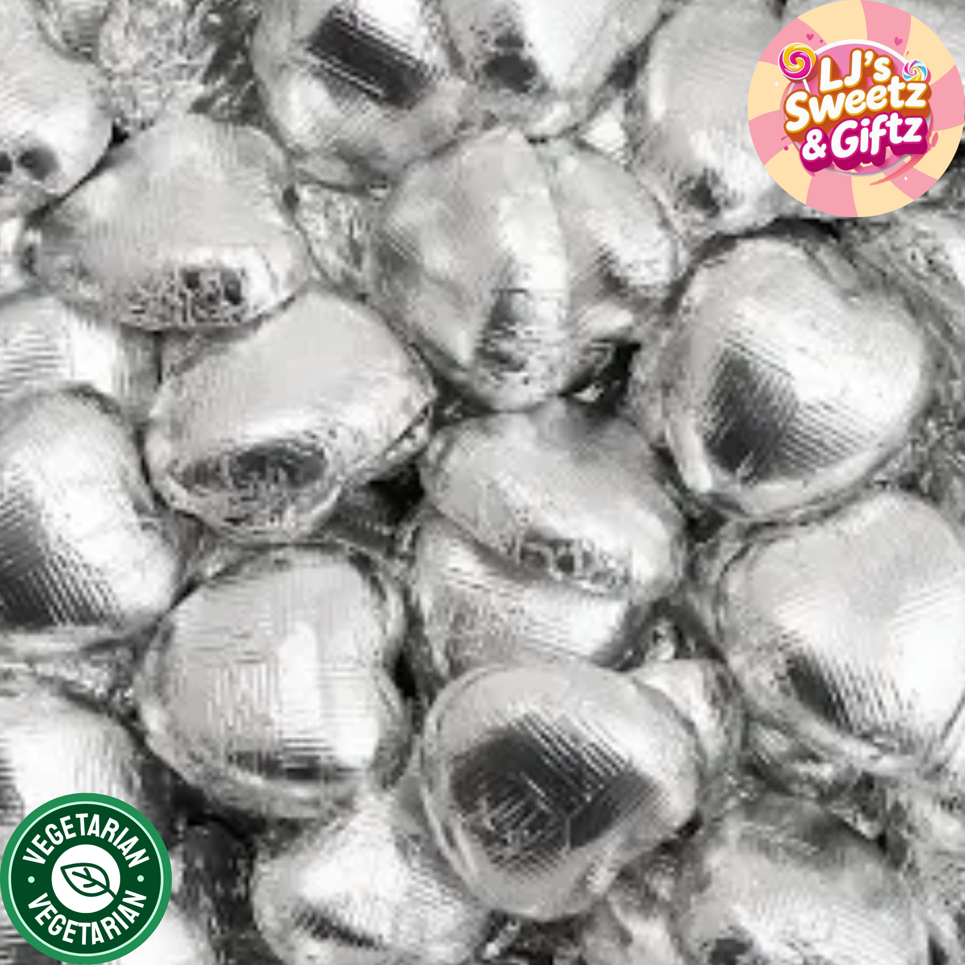 Silver foil-wrapped candies with a brand logo in the corner