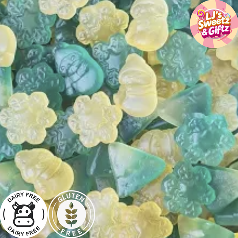 Assorted green and yellow gummy candies with LJ's Sweetz & Giftz logo and dietary free labels.
