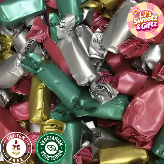 Assorted colorful candy wrappers with 'LJ's Sweetz & Giftz' branding and gluten-free and vegetarian labels.
