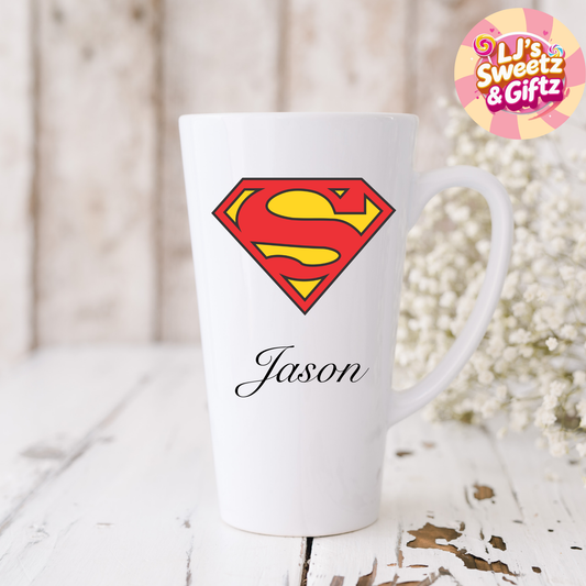 White mug with Superman logo and 'Jason' text, branded 'LJ's Sweetz & Giftz'.