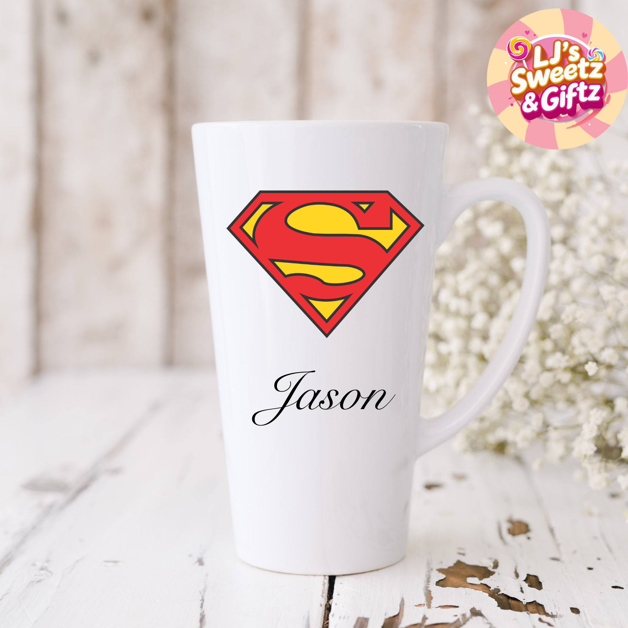 White mug with Superman logo and 'Jason' text, branded 'LJ's Sweetz & Giftz'.