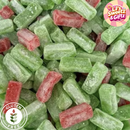 Green and red gummy candies with a 'LJ's Sweetz & Giftz' logo and gluten-free label.